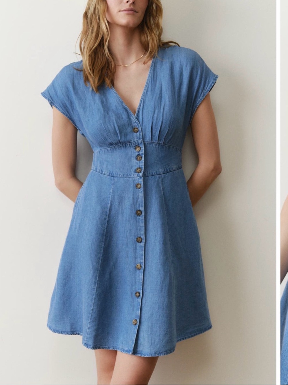 Marine Layer Light Blue Button-Front V-Neck Mini Dress
